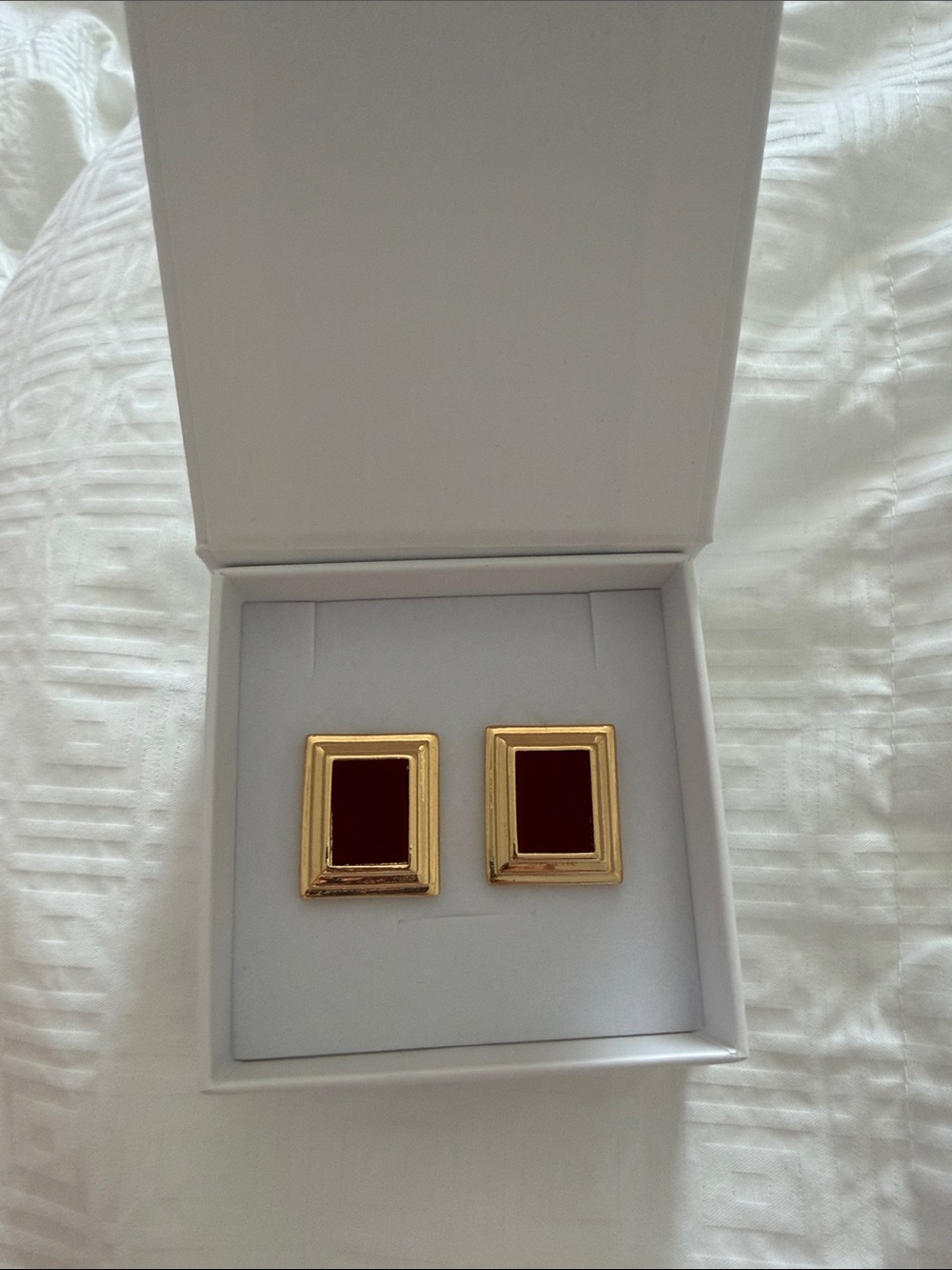 Heaven Mayhem Gold Frame Square Earrings with Deep Red Inset
